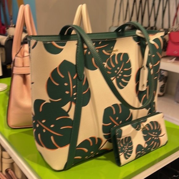 Kate Spade Cara Large Tote Monstera Leaves & Large Slim Bifold Wallet Cream Mult - Picture 2 of 16